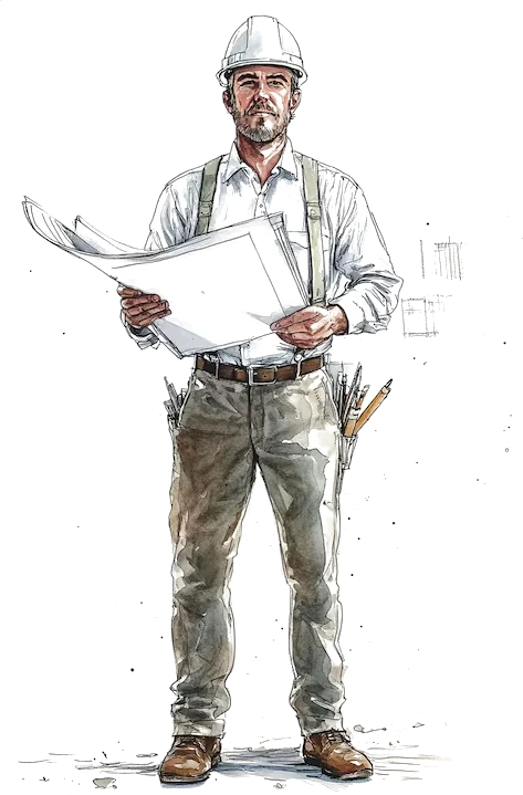 Watercolour sketch of a tradesperson in a hard hat reviewing a set of plans